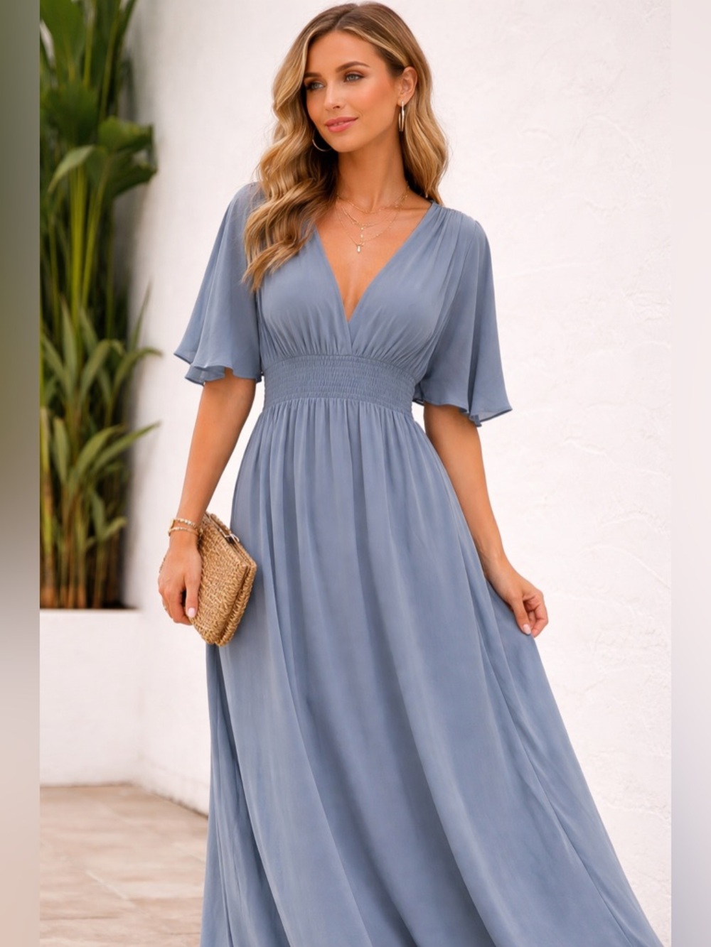 NWT V-Neck Chiffon Wedding Guest Semi-Formal Empire Waist Mother of Bride Dress